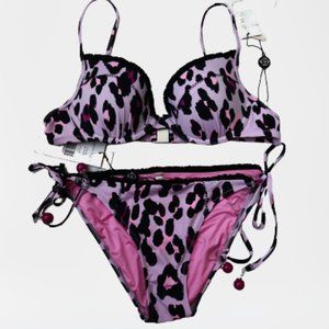 Nanette Lepore 2PC Swimsuit S Vamp Diva Greenwich String Leopard Purple New